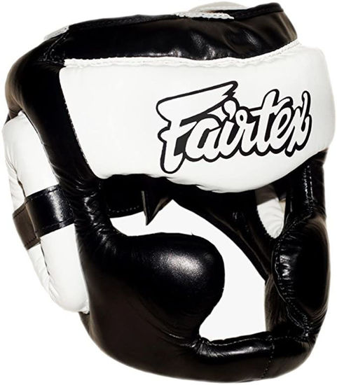 Тайский бокс шлем Fairtex тренировочный с защитой скул и подбородка на липучке черный/белый